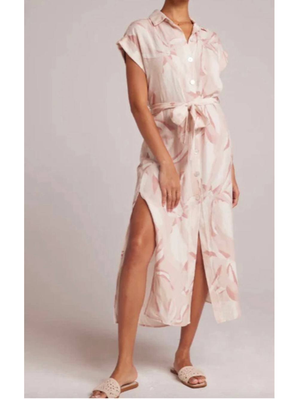 Bella Dahl Linen Blend Cap Sleeve Fresco Floral Shirt Dress Midi Maxi L NWT